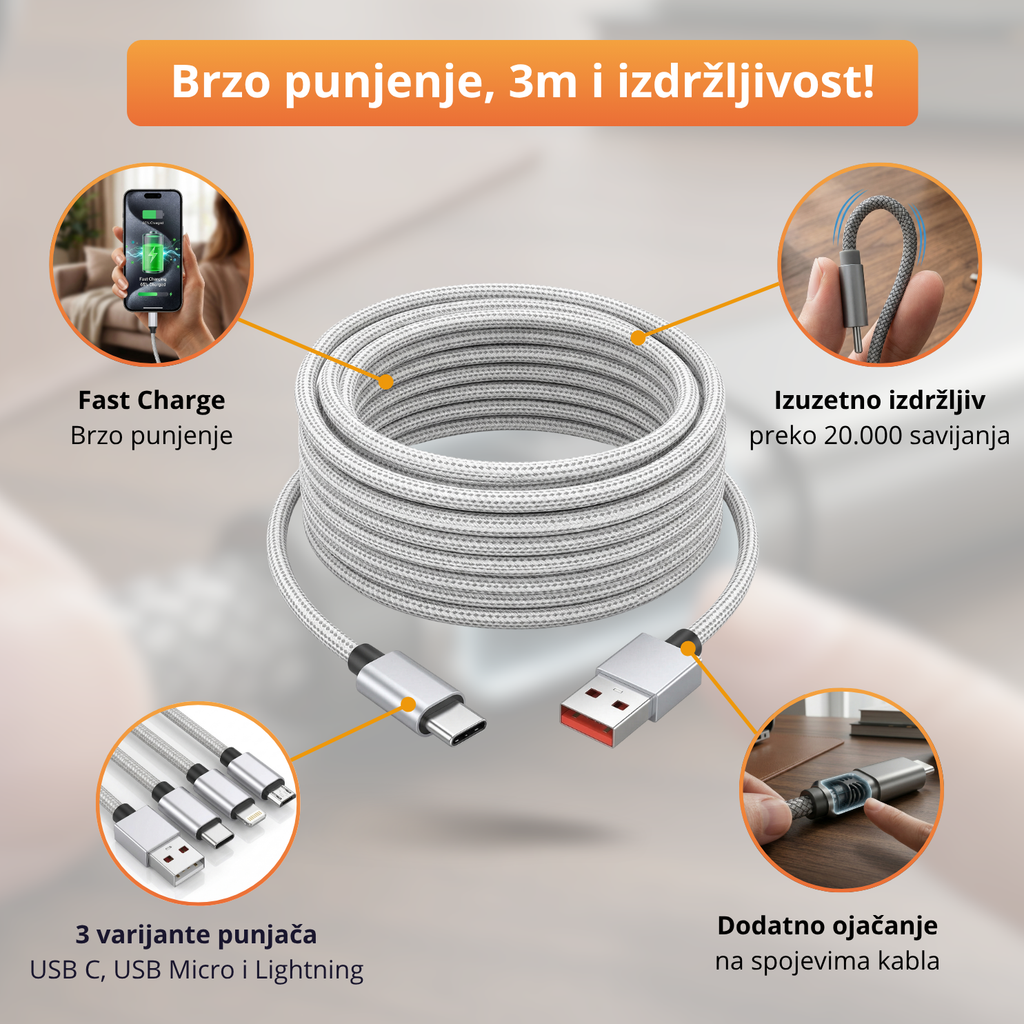 ChargeUp - Ekstra dugački kabl za punjenje - 3m