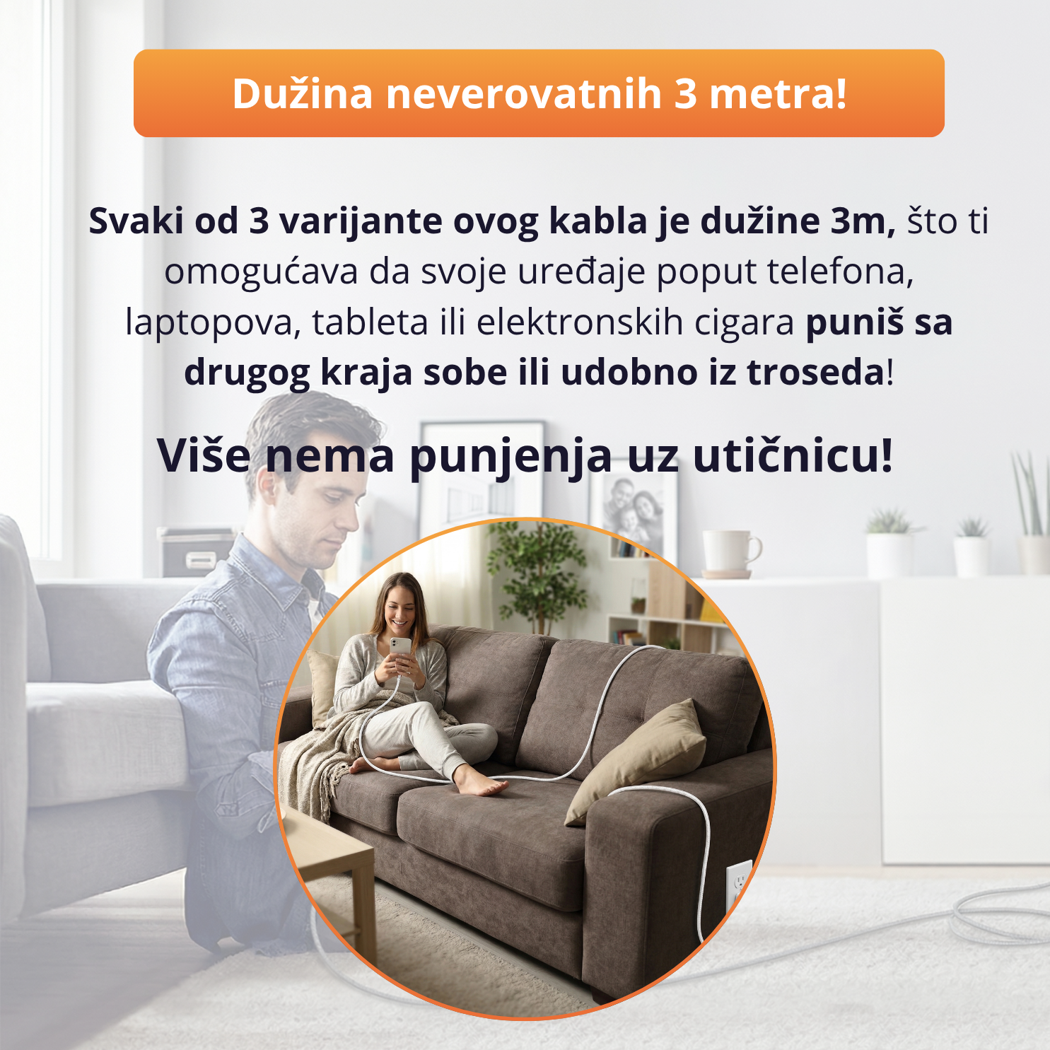ChargeUp - Ekstra dugački kabl za punjenje - 3m